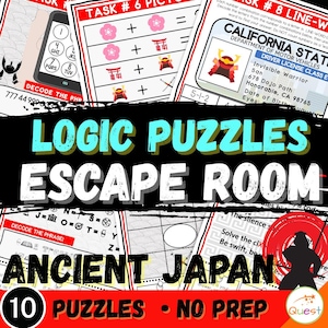 May include: A collection of logic puzzles designed for an escape room experience. The puzzles are themed around Ancient Japan and include various tasks, such as decoding phrases and solving picture equations. The image features the text "Logic Puzzles Escape Room Ancient Japan".