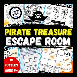 May include: A black and white image of a Pirate Treasure Escape Room game. The game includes puzzles, pirate-themed graphics, and the text "10 Puzzles Ages 9+". The title "Pirate Treasure Escape Room" is in large yellow and white letters.