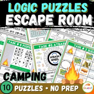 May include: A collection of camping-themed logic puzzles for an escape room experience. The image features various puzzle sheets with tasks like Pigpen ciphers and Atbash wheels. The text includes "Logic Puzzles Escape Room" and "10 Puzzles - No Prep."