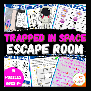 Peut inclure: Image d'un jeu "Trapped in Space Escape Room" avec des énigmes et un dessin d'astronaute. Le jeu comprend le texte "10 Puzzles Ages 9+". Le jeu est conçu pour les enfants et se déroule sur le thème de l'espace.