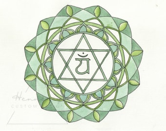 May include: A green mandala with a five-pointed star in the center. The star has the Sanskrit symbol "ya" inside. The mandala is surrounded by a circle of leaves.