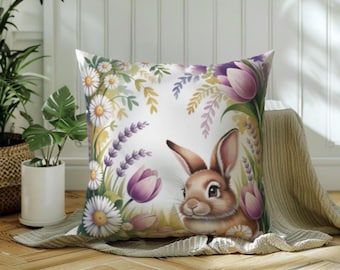Bunny and Spring Flowers Pillow | Square Floral Throw Pillow