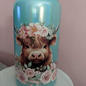 Highland Cow Iced Coffee Tumbler: Cottagecore Floral Glass Can
