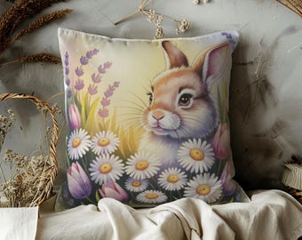 Bunny in Daisies Pillow | Spring Rabbit Floral Square Pillow