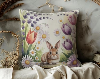 Bunny in Daisies Throw Pillow | Spring Rabbit Floral Square Pillow