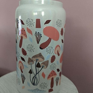 Autumn Mushroom Glass 16oz Iced Coffee Tumbler, Libbey Glass, Water Bottle, Fall Cottagecore, Minimalist Cup, Glass Tumbler, Gifts for Her