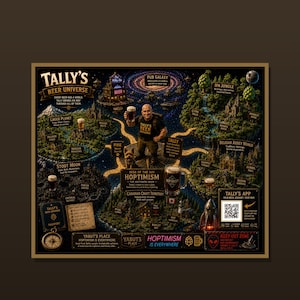 Könnte beinhalten: Eine detaillierte, dunkel gestaltete illustrierte Karte mit dem Titel Tally's Beer Universe, die verschiedene bierbezogene Regionen wie Lager Planet und Stout Moon zeigt. Eine zentrale Figur hält einen Bierkrug, umgeben von Text, einem QR-Code und einer Kompassgrafik.