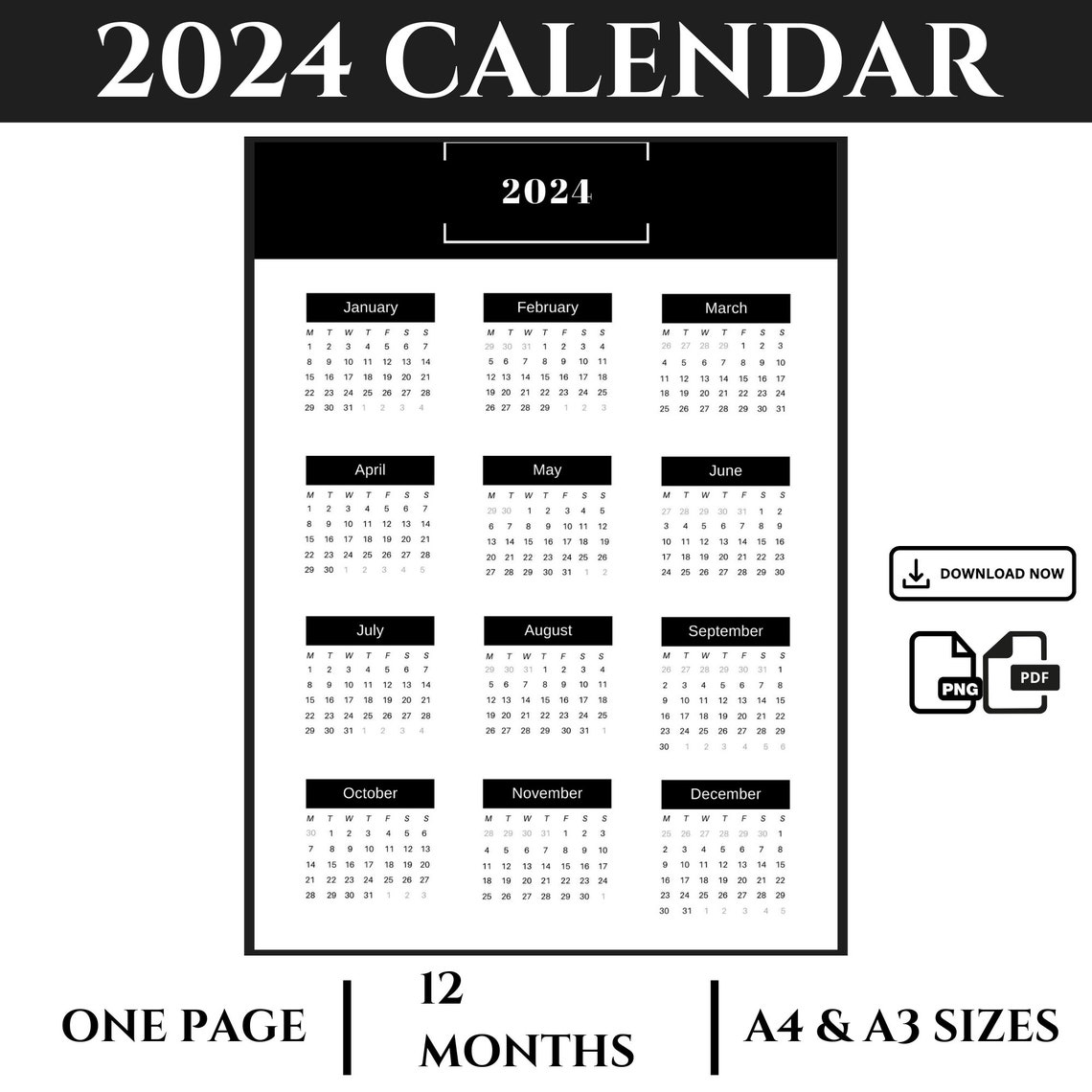 2024 Year Calendar Printable Yearly Calendar 2024 Year At A Etsy