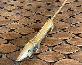 Brass Dachshund Letter Opener Bottle Opener, MCM Austrian Style, Green Glass Eyes