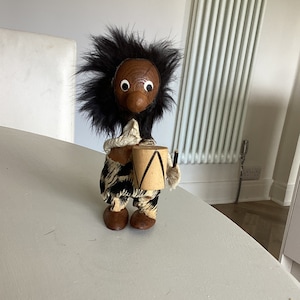 Vintage wooden drummer fun figurine figure with drum sticks and drum 1960 s possibly made in Japan retro home decor