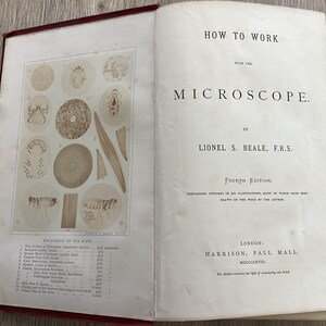 May include: An open book titled "HOW TO WORK WITH THE MICROSCOPE" by Lionel S. Beale, F.R.S. The book's pages show illustrations of microscopic specimens and text. The cover is red.