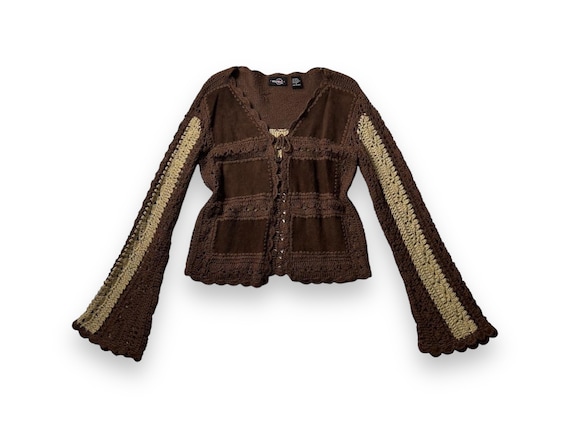 Crochet brown/cream fairycore bell-sleeve front t… - image 1