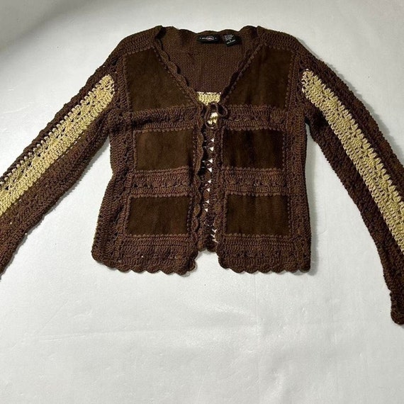 Crochet brown/cream fairycore bell-sleeve front t… - image 4