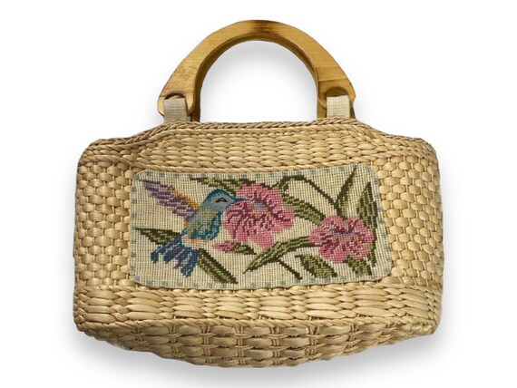 Vintage 1990s wooden woven basket style handbag w… - image 1