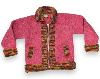 Vintage handknit bubblegum pink wool bend zip-up sweater with funky multicolored trim