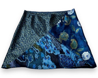 Blue/black satin handmade patchwork mini skirt