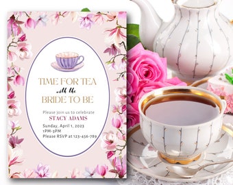 Tea Party Bridal Shower Invitation Editable Template, Pink blush floral bridal shower printable editable Canva Template