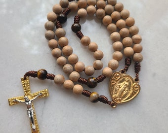 Gold Miraculous Medal with Natural Camphor Wood and Tiger Eye Gemstone Catholic Mens Rosary