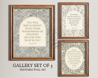 Bible Verse Print Set Of 3, Printable Floral Scripture Wall Art, Digital Download