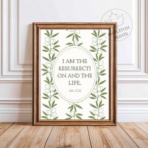 John 11 25 Resurrection Print, Printable Bible Verse Wall Art, Olive Scripture Poster, Digital Download