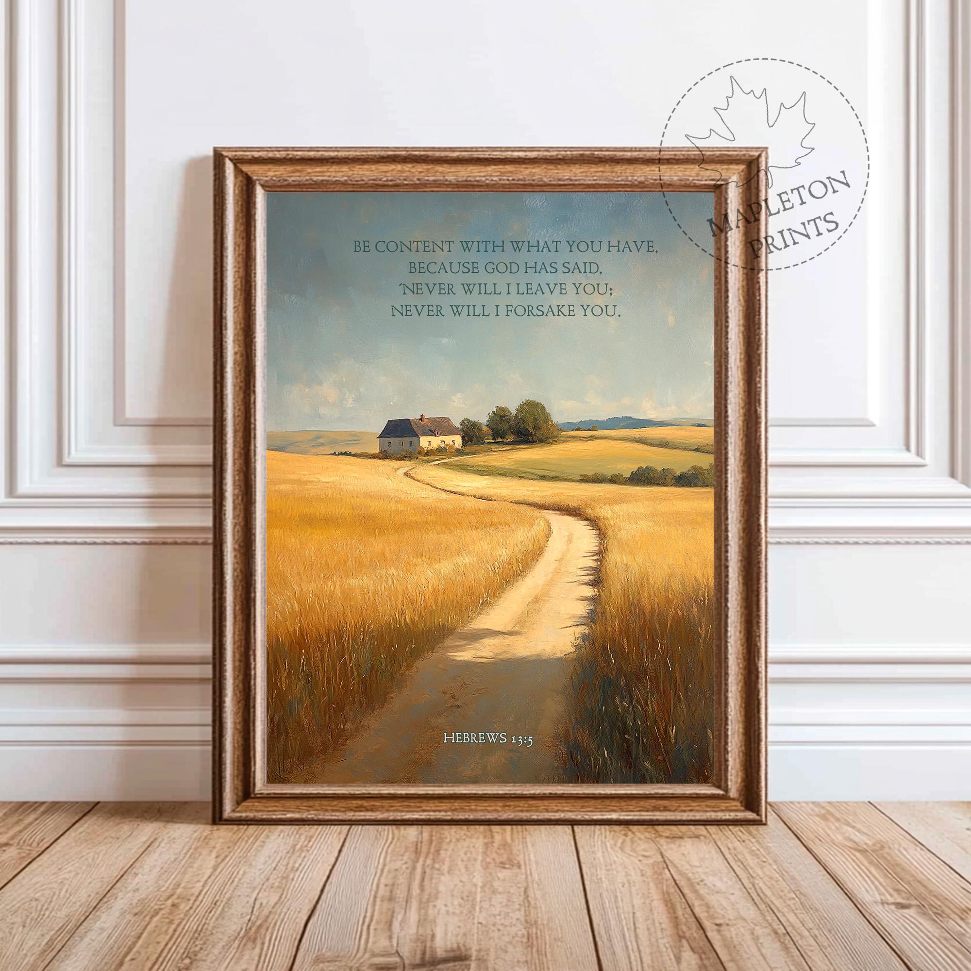Christian Wall Art | Be Content Hebrews 13:5 | Vintage Bible Verse Wall Art | Scripture Landscape Art | Calming Bible Verse Print