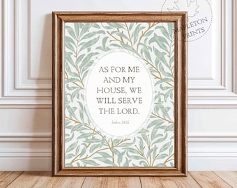 Joshua 24:15 Bible Verse Print, Printable Scripture Wall Art, Green Botanical Christian Poster, Digital Download