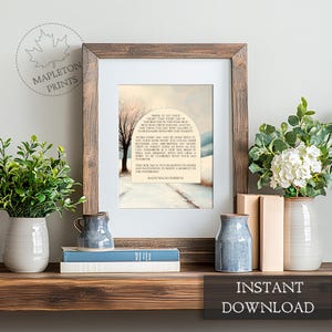 May include: A printable art print featuring a watercolor painting of a snowy landscape with a tree and a quote by Ralph Waldo Emerson. The quote reads: "Write it on your heart that every day is the best day in the year. He who owns the day and who allows it to encircle him with free anxiety..."