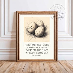 May include: A framed print with a beige background and a black and white illustration of three speckled bird eggs in a nest. The text below the image reads: 