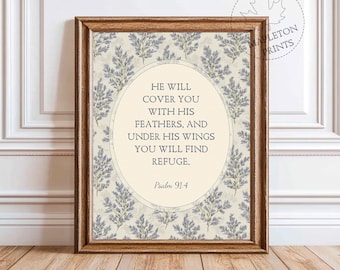 Psalm 91 4 Print, Printable Vintage Scripture Wall Art Bible Verse, Digital Download