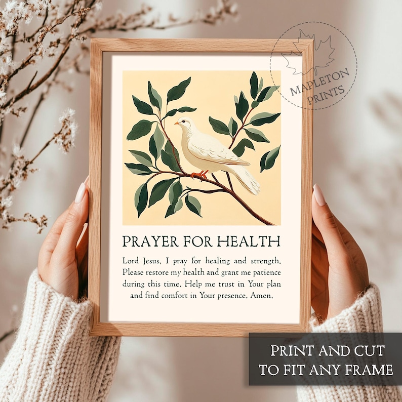Puede incluir: Una oraci&oacute;n imprimible para la salud con una paloma blanca posada en una rama de hojas verdes sobre un fondo amarillo. El texto dice "Oraci&oacute;n por la salud" e incluye una breve oraci&oacute;n por la curaci&oacute;n y la fuerza.