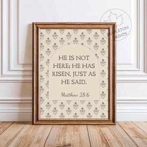 May include: A beige printable art print with a blue floral pattern. The print features a white arch with the text "HE IS NOT HERE; HE HAS RISEN, JUST AS HE SAID. Matthew 28:6".