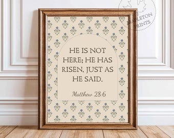 Bible Verse Printable Wall Art, Matthew 28:6 Resurrection Scripture Print, Religious Easter, Digital Download