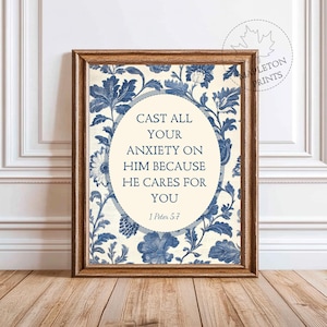 Bible Verse Printable 1 Peter 5:7 Christian Wall Art, Anxiety Bible Verse Scripture Print, Digital Download