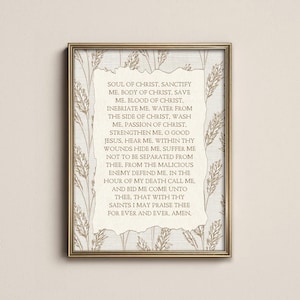 May include: A framed wall art print featuring a cream-colored center panel with torn edges, displaying the Anima Christi prayer in dark brown text. The background features a light beige fabric texture with a repeating pattern of tan wheat stalks.