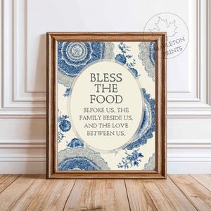 Bless The Food Wall Art, Printable Kitchen Prayer Print, Blue Floral Christian Decor, Digital Download