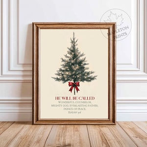 Impresión de Isaías 9:6, arte de pared con versículos bíblicos de Navidad, impresión de las Escrituras de Navidad, tarjeta de árbol vintage, Él será llamado, impresión de cita navideña