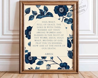 Hail Mary Prayer Print: Vintage Floral Catholic Wall Art (Digital Download
