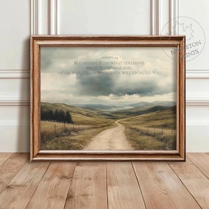 Christian Wall Art | Be Content Hebrews 13:5 | Vintage Bible Verse Wall Art | Scripture Landscape Art | Calming Bible Verse Print
