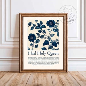Gebedsdruk gegroet koningin | Katholieke muurkunst | Afdrukbaar vintage bloemen christelijk decor | Muurkunst bijbeltekst