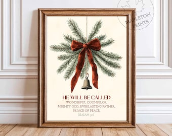Isaiah 9:6 Print, Christmas Bible Verse Wall Art, Christmas Scripture Print, Jingle Bells Card, He Will Be Called, Christmas Quote Print