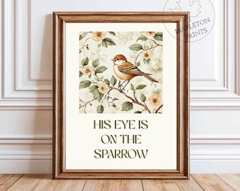 His Eye is on the Sparrow | Christian Wall Art | Printable Vintage Bible Print | Bird Art Print | Hymn Digital Download