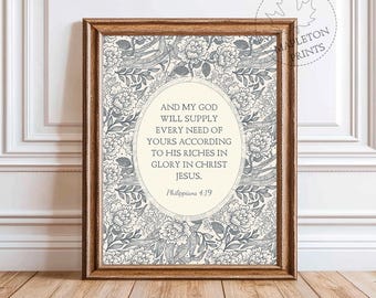 Philippians 4 19 Print, Printable Vintage Bible Verse Wall Art, Digital Download