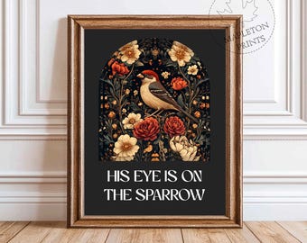 His Eye Is On The Sparrow Print, Printable Vintage Bird Floral Wall Art, Digital Download