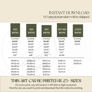 May include: A chart showing different aspect ratios for printing digital art. The chart shows the ratio, the dimensions in inches, and the dimensions in centimeters. The text "INSTANT DOWNLOAD" and "NO physical product will be shipped" is at the top of the chart. The text "THIS ART CAN BE PRINTED IN 25+ SIZES" is at the bottom of the chart. The text "For every print, you will receive 5 JPG files in high resolution. Find the size you want to print and download that file ration for printing." is below the text "THIS ART CAN BE PRINTED IN 25+ SIZES".