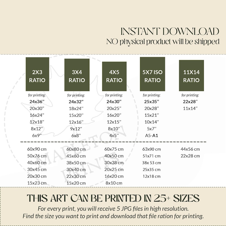 May include: A chart showing different aspect ratios for printing digital art. The chart shows the ratio, the dimensions in inches, and the dimensions in centimeters. The text "INSTANT DOWNLOAD" and "NO physical product will be shipped" is at the top of the chart. The text "THIS ART CAN BE PRINTED IN 25+ SIZES" is at the bottom of the chart. The text "For every print, you will receive 5 JPG files in high resolution. Find the size you want to print and download that file ration for printing." is below the text "THIS ART CAN BE PRINTED IN 25+ SIZES".