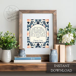 Puede incluir: Una oraci&oacute;n imprimible para la familia, con un dise&ntilde;o floral decorativo en tonos azules y melocot&oacute;n. El texto dice: "Querido Dios, por favor, bendice a mi familia. Prot&eacute;genos del da&ntilde;o. Llena nuestro hogar de amor y comprensi&oacute;n, y gu&iacute;anos en tu verdad. Ay&uacute;danos a acercarnos a ti y a los dem&aacute;s, Am&eacute;n. Oraci&oacute;n para la familia"