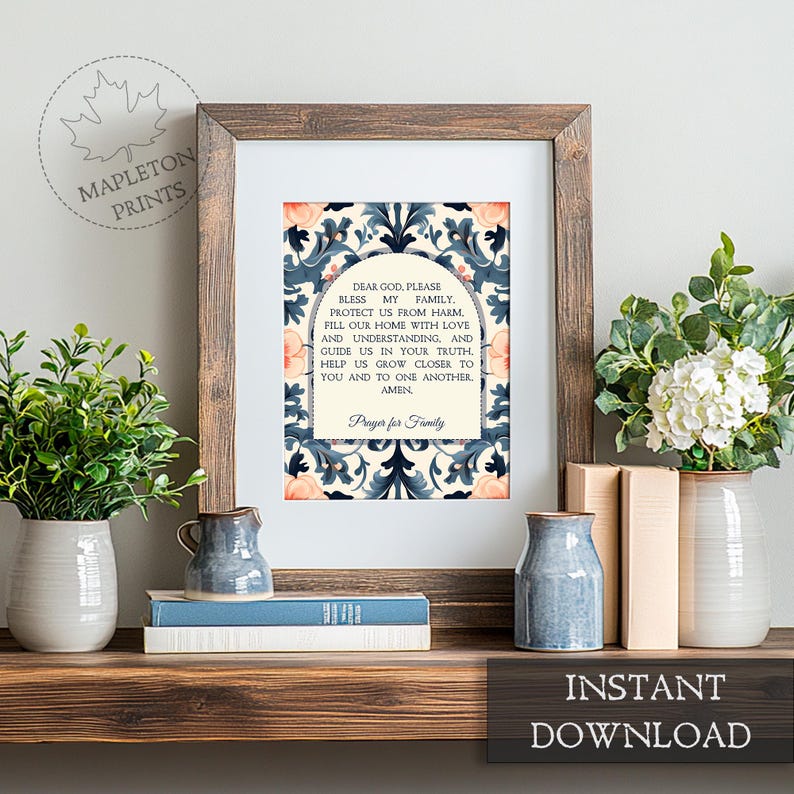Puede incluir: Una oraci&oacute;n imprimible para la familia, con un dise&ntilde;o floral decorativo en tonos azules y melocot&oacute;n. El texto dice: "Querido Dios, por favor, bendice a mi familia. Prot&eacute;genos del da&ntilde;o. Llena nuestro hogar de amor y comprensi&oacute;n, y gu&iacute;anos en tu verdad. Ay&uacute;danos a acercarnos a ti y a los dem&aacute;s, Am&eacute;n. Oraci&oacute;n para la familia"