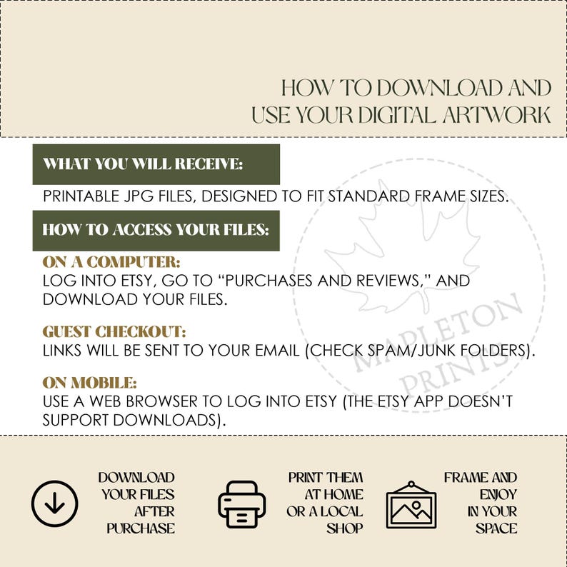 May include: A digital download guide with instructions on how to access and print printable JPG files. The guide includes information on how to download files on a computer, guest checkout, and mobile devices.