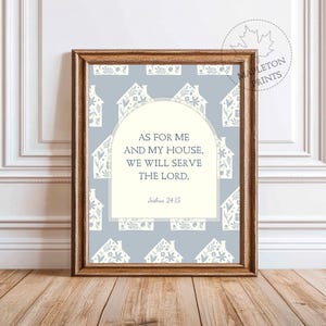 Joshua 24:15 House Print, Printable Scripture Wall Art, Blue Christian Home Poster, Digital Download