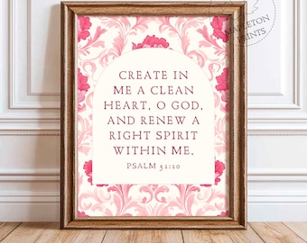 Psalm 51 10 Print, Printable Vintage Scripture Wall Art, Digital Download